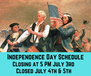 The library closes at 5 PM on July 3rd and remains closed for the Independence Day holiday on Friday, July 4th, and Saturday, July 5th. We reopen at 1 PM on Monday, July 7th. 